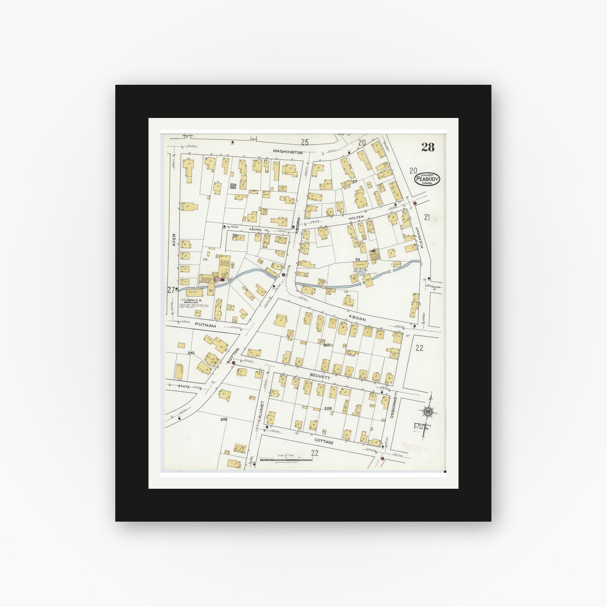 Old map wall art mockup — black gallery frame with white mat — Sanborn Fire Insurance Map from Peabody, Essex County, Massachusetts (1920), Sheet #0028