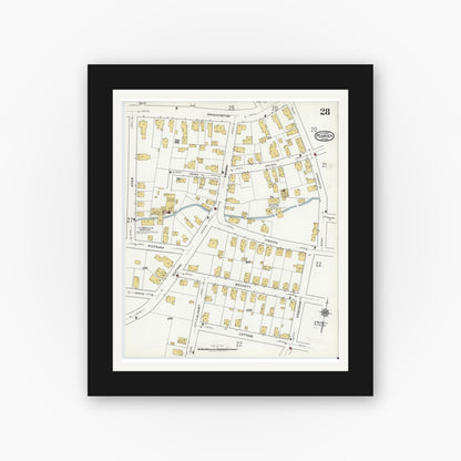 Old map wall art mockup — black gallery frame with white mat — Sanborn Fire Insurance Map from Peabody, Essex County, Massachusetts (1920), Sheet #0028