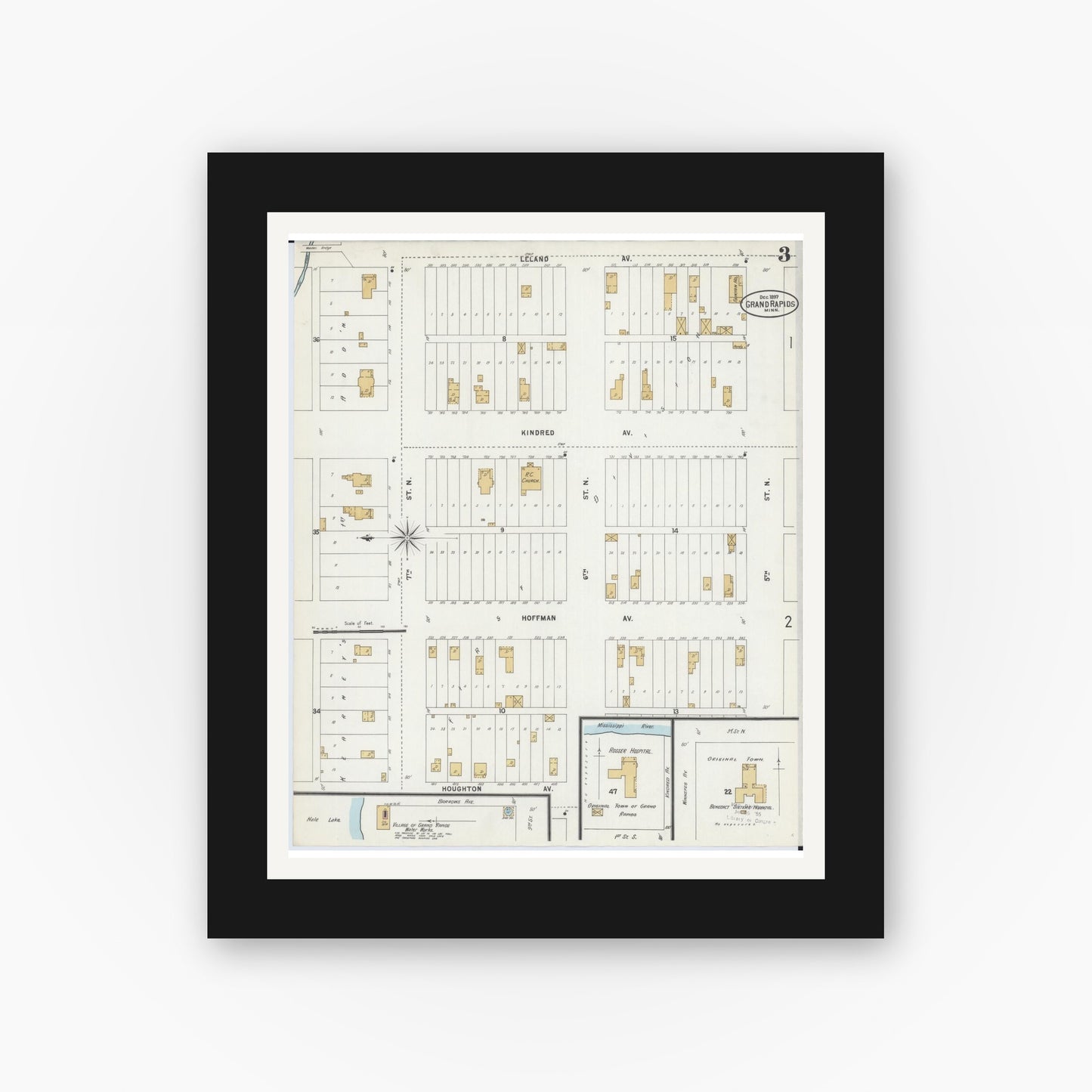 Old map wall art mockup — black gallery frame with white mat — Sanborn Fire Insurance Map from Grand Rapids, Itasca County, Minnesota (1897), Sheet #0003
