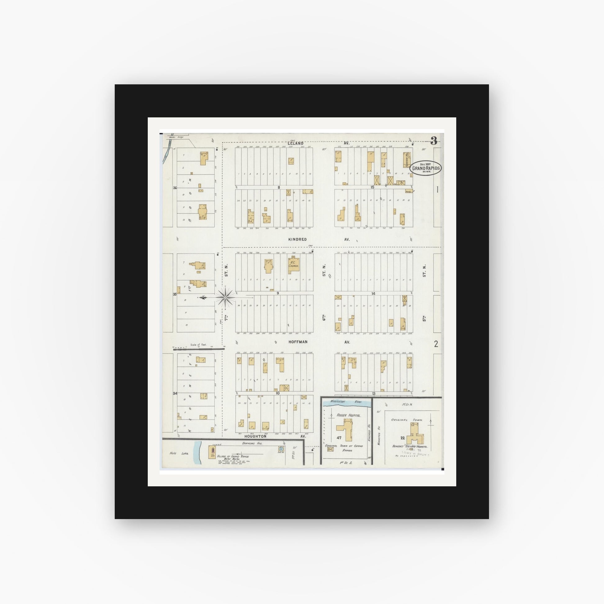 Old map wall art mockup — black gallery frame with white mat — Sanborn Fire Insurance Map from Grand Rapids, Itasca County, Minnesota (1897), Sheet #0003