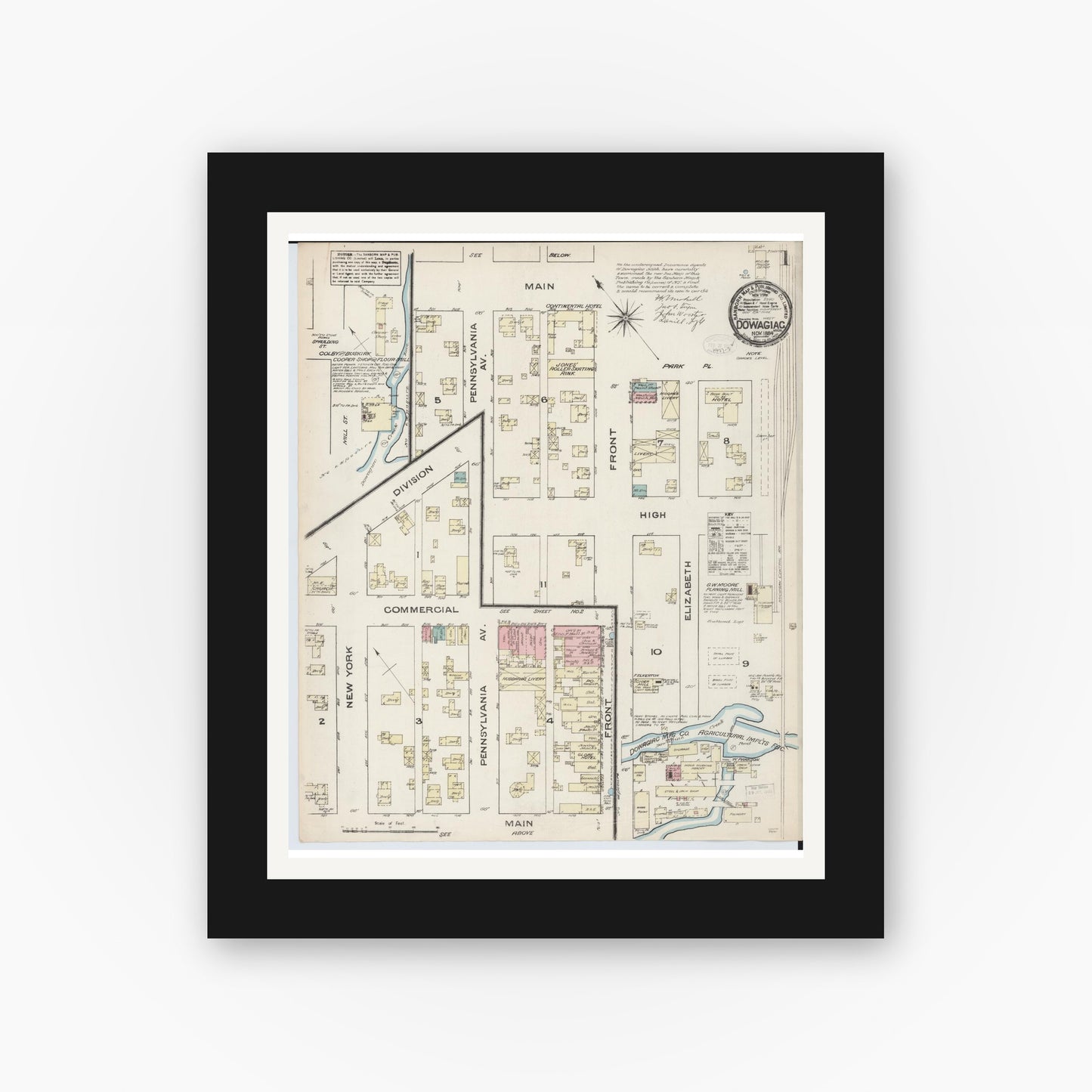 Old map wall art mockup — black gallery frame with white mat — Sanborn Fire Insurance Map from Dowagiac, Cass County, Michigan (1884) - Complete Map Set