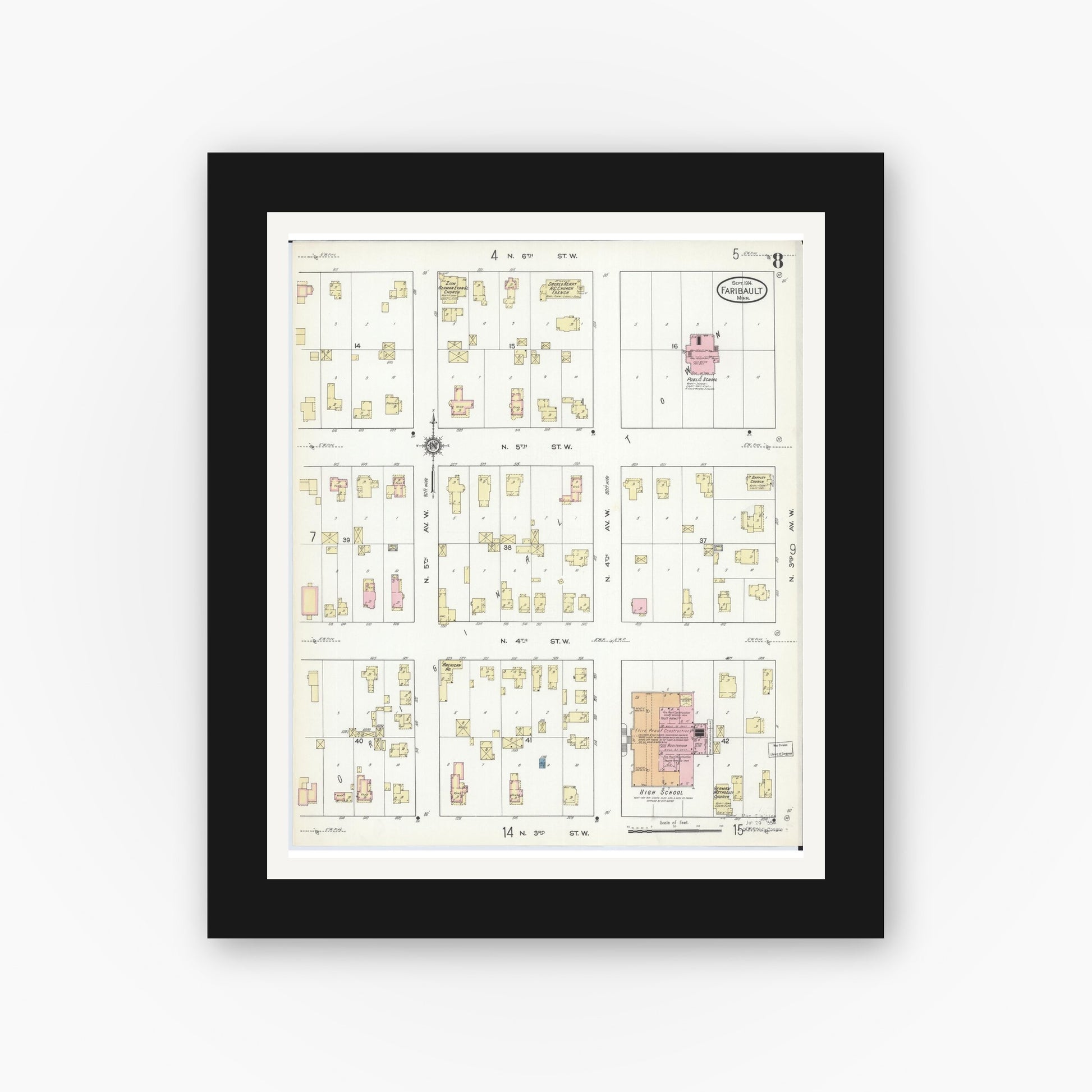Old map wall art mockup — black gallery frame with white mat — Sanborn Fire Insurance Map from Faribault, Rice County, Minnesota (1914), Sheet #0008