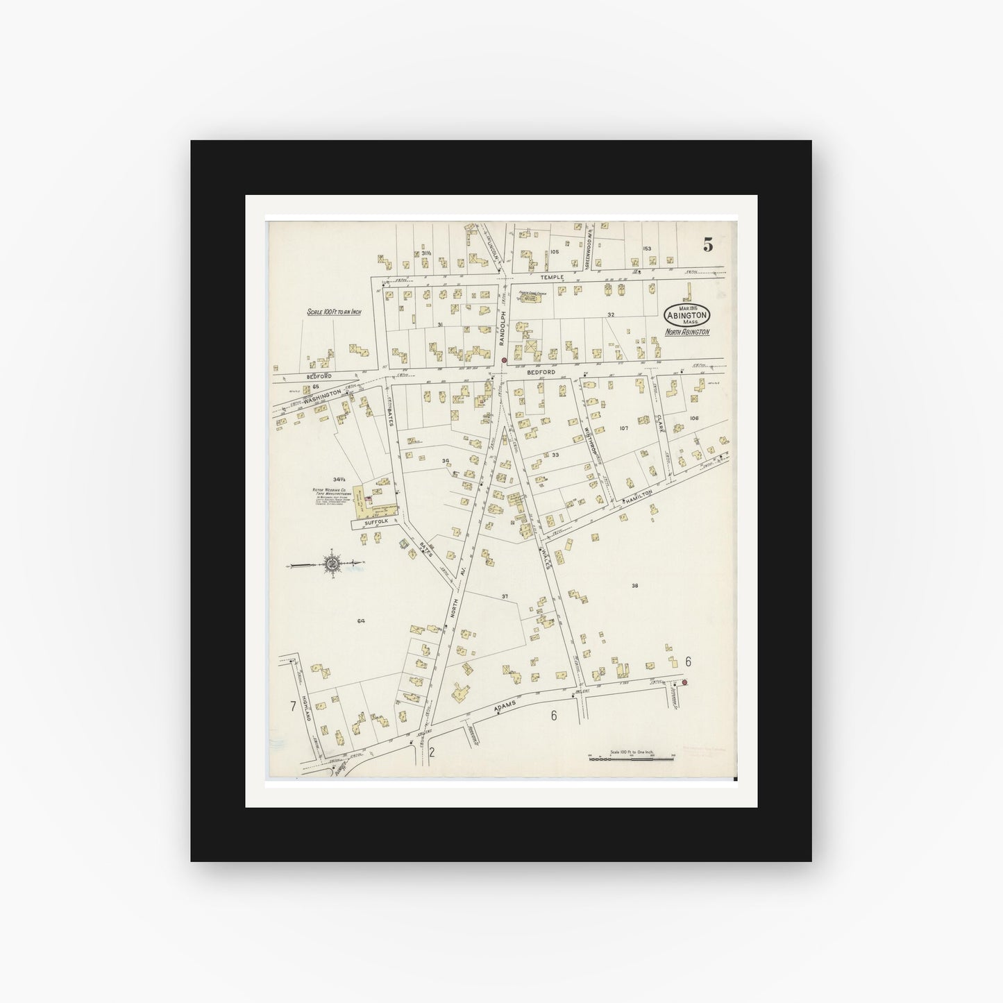 Old map wall art mockup — black gallery frame with white mat — Sanborn Fire Insurance Map from Abington, Plymouth County, Massachusetts (1915), Sheet #0005