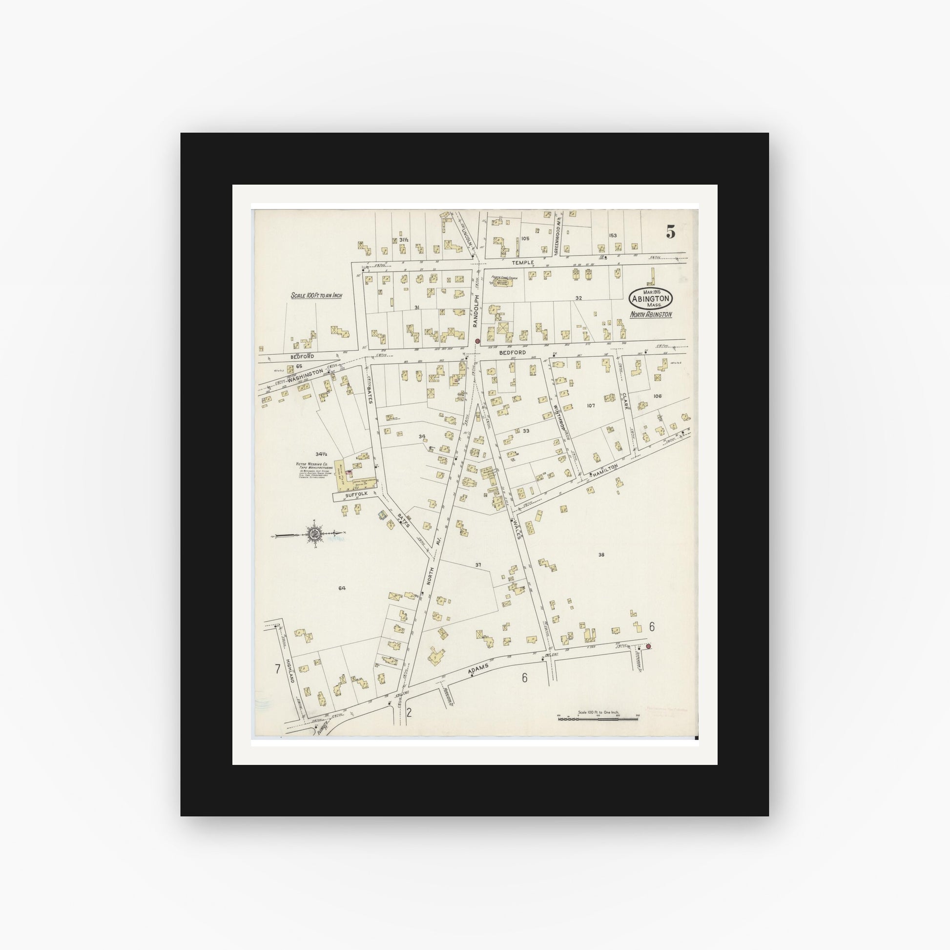 Old map wall art mockup — black gallery frame with white mat — Sanborn Fire Insurance Map from Abington, Plymouth County, Massachusetts (1915), Sheet #0005