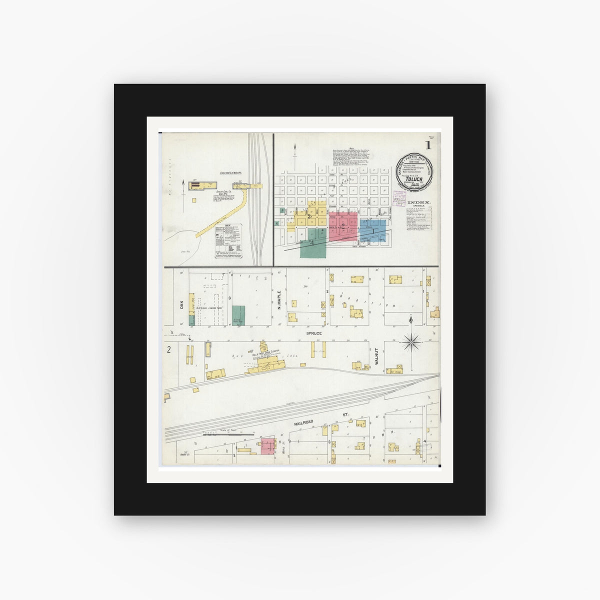 Old map wall art mockup — black gallery frame with white mat — Sanborn Fire Insurance Map from Toluca, Marshall County, Illinois (1901), Sheet #0001