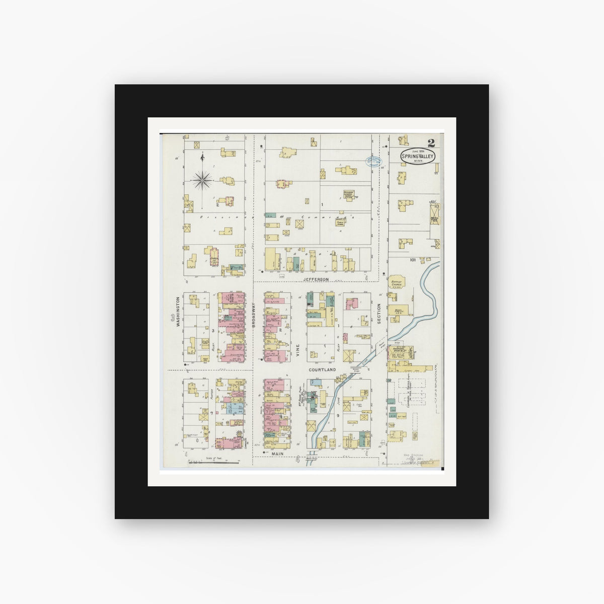 Old map wall art mockup — black gallery frame with white mat — Sanborn Fire Insurance Map from Spring Valley, Fillmore County, Minnesota (1894), Sheet #0002