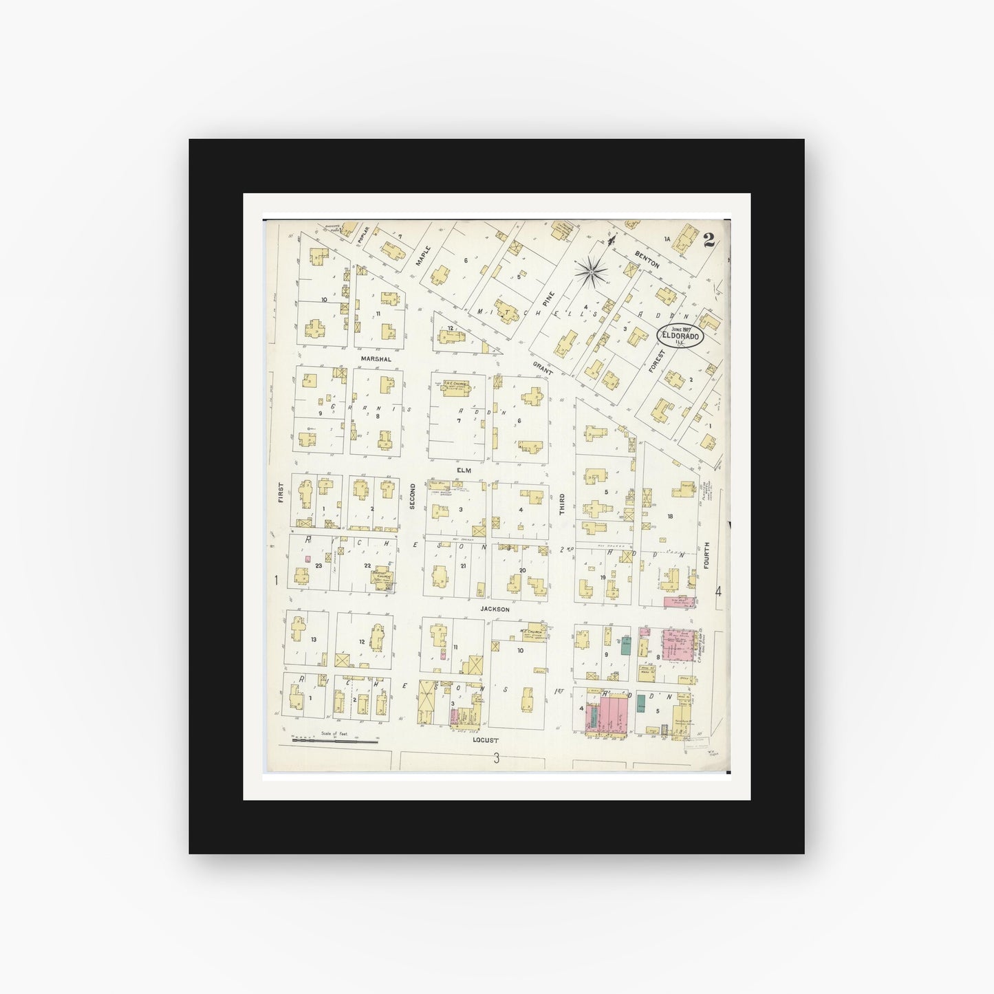 Old map wall art mockup — black gallery frame with white mat — Sanborn Fire Insurance Map from Eldorado, Saline County, Illinois (1907), Sheet #0002