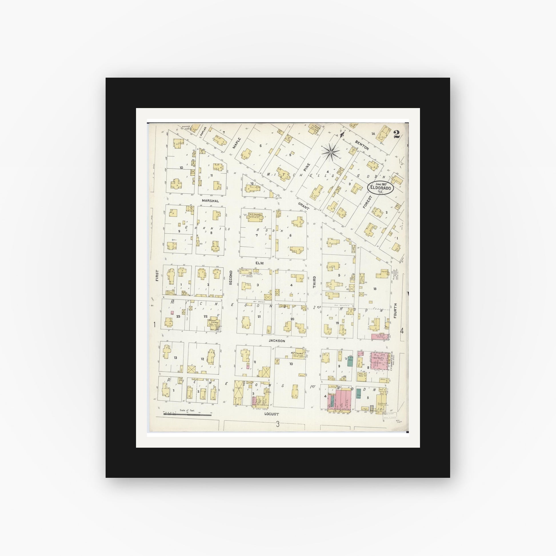 Old map wall art mockup — black gallery frame with white mat — Sanborn Fire Insurance Map from Eldorado, Saline County, Illinois (1907), Sheet #0002