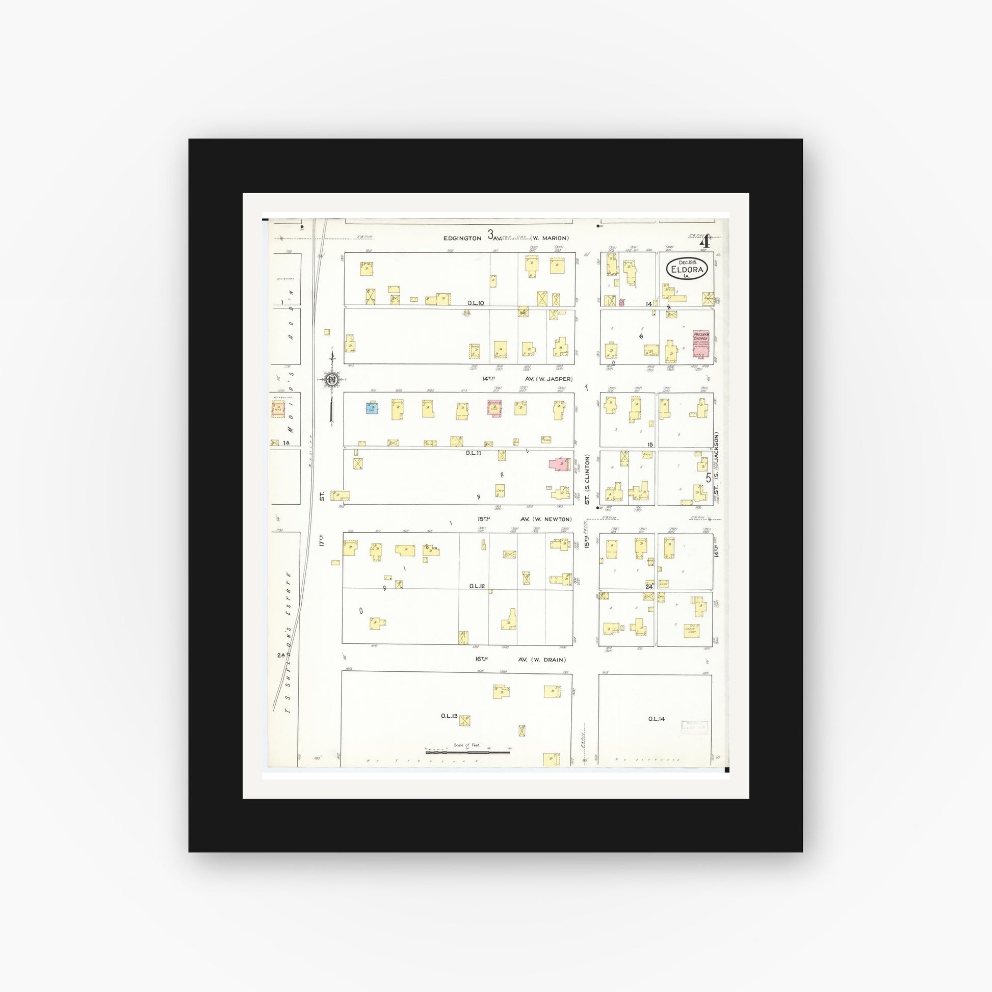 Old map wall art mockup — black gallery frame with white mat — Sanborn Fire Insurance Map from Eldora, Hardin County, Iowa (1915), Sheet #0004