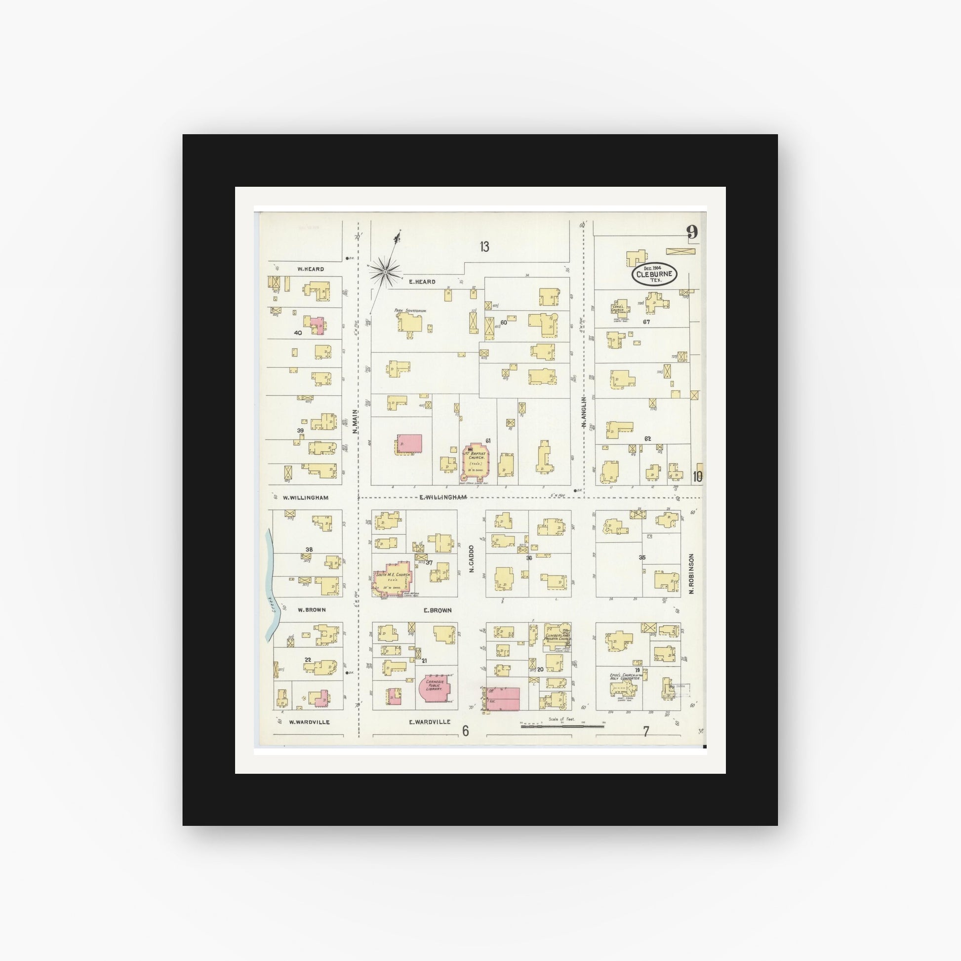 Old map wall art mockup — black gallery frame with white mat — Sanborn Fire Insurance Map from Cleburne, Johnson County, Texas (1904), Sheet #0009