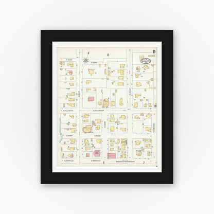 Old map wall art mockup — black gallery frame with white mat — Sanborn Fire Insurance Map from Cleburne, Johnson County, Texas (1904), Sheet #0009