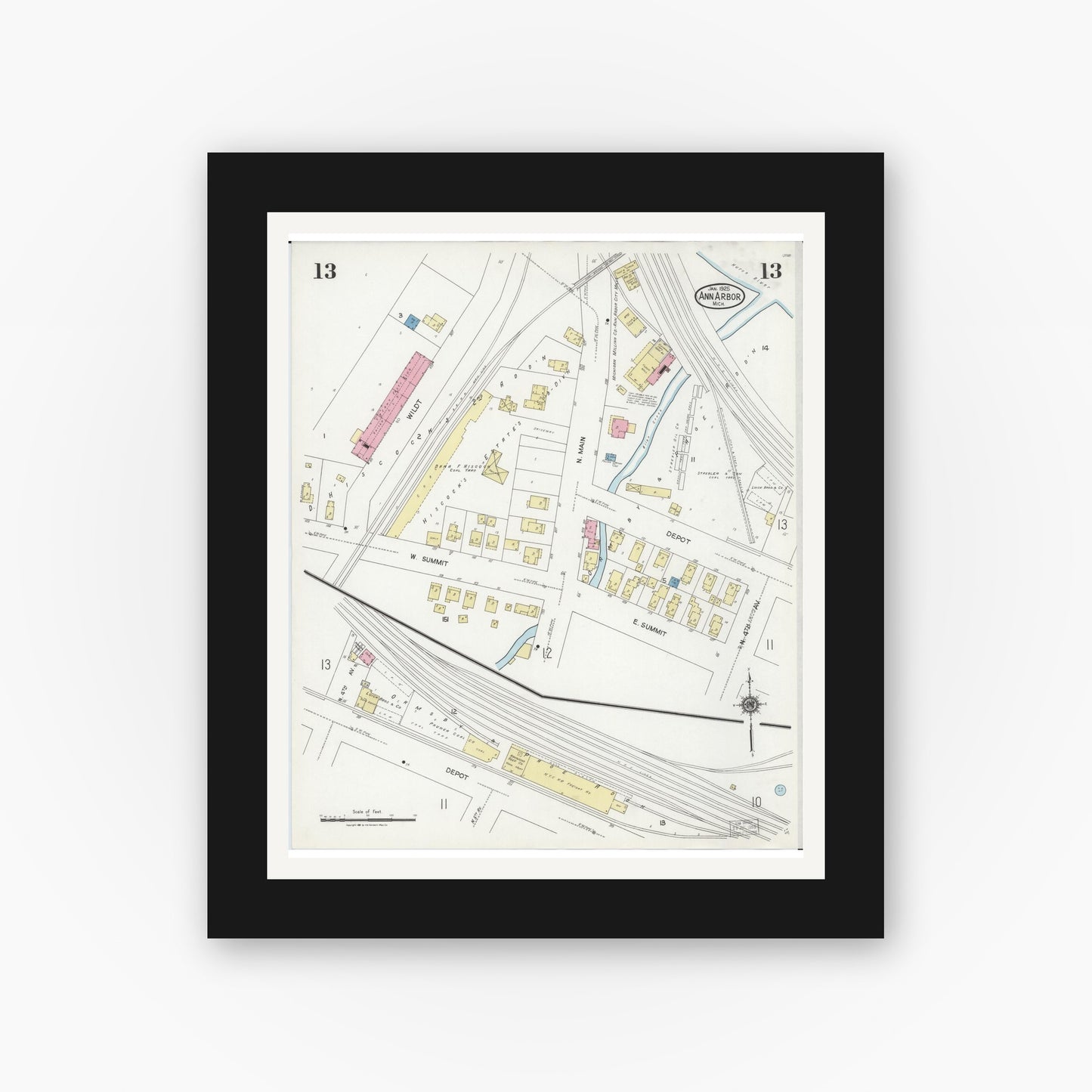 Old map wall art mockup — black gallery frame with white mat — Sanborn Fire Insurance Map from Ann Arbor, Washtenaw County, Michigan (1925), Sheet #0013