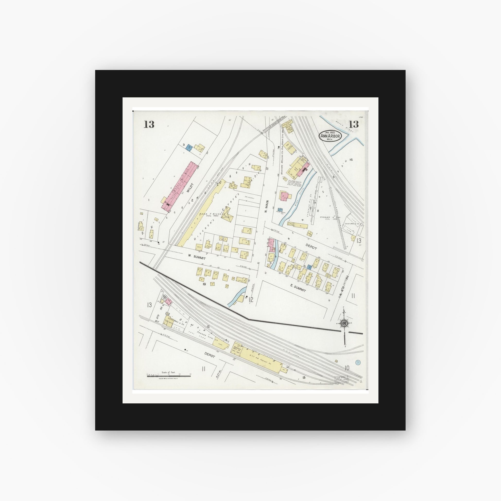 Old map wall art mockup — black gallery frame with white mat — Sanborn Fire Insurance Map from Ann Arbor, Washtenaw County, Michigan (1925), Sheet #0013