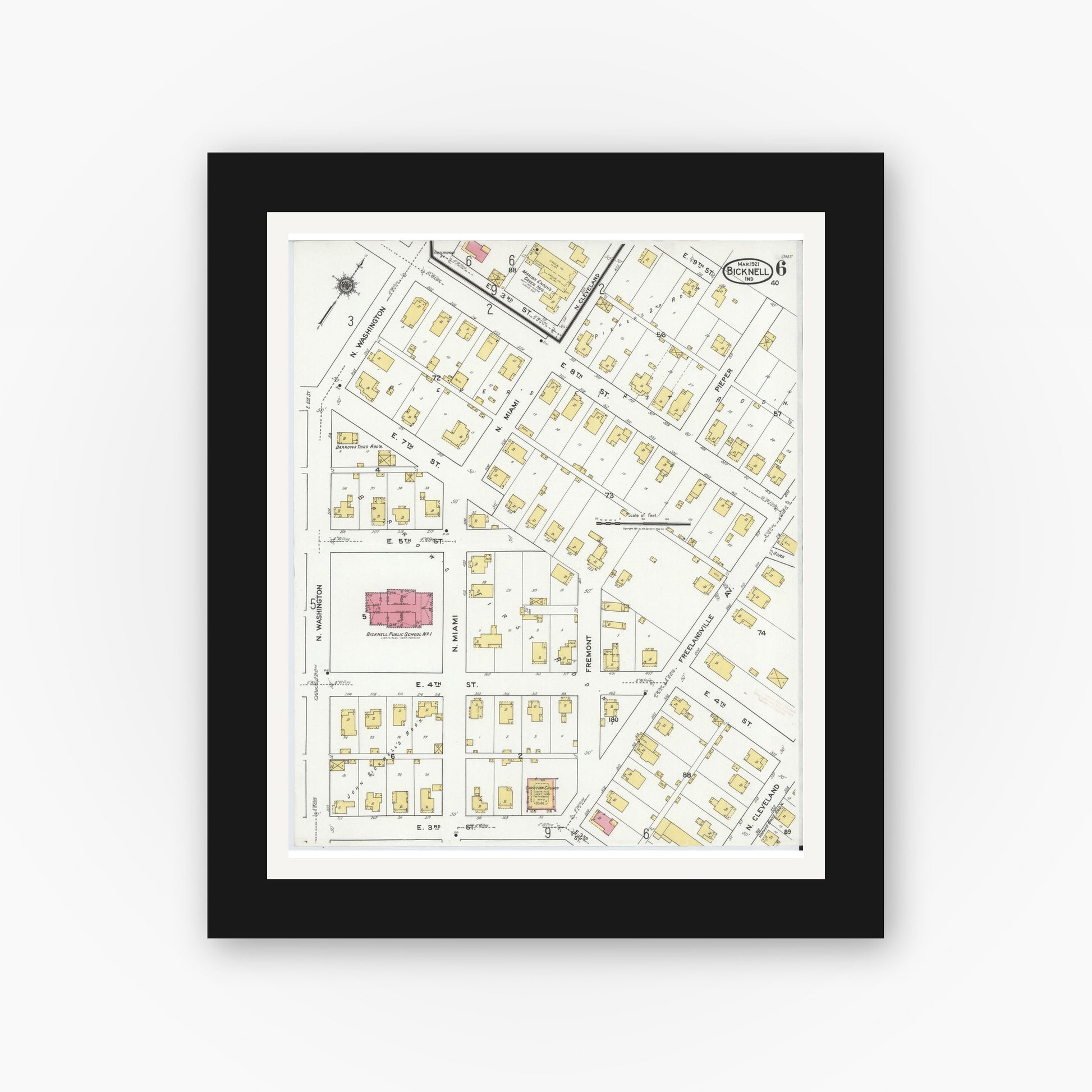 Old map wall art mockup — black gallery frame with white mat — Sanborn Fire Insurance Map from Bicknell, Knox County, Indiana (1921), Sheet #0006