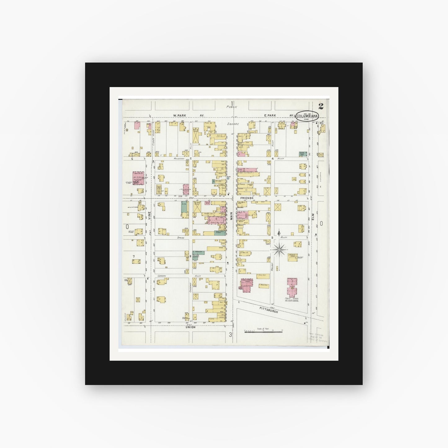 Old map wall art mockup — black gallery frame with white mat — Sanborn Fire Insurance Map from Columbiana, Columbiana County, Ohio (1901), Sheet #0002