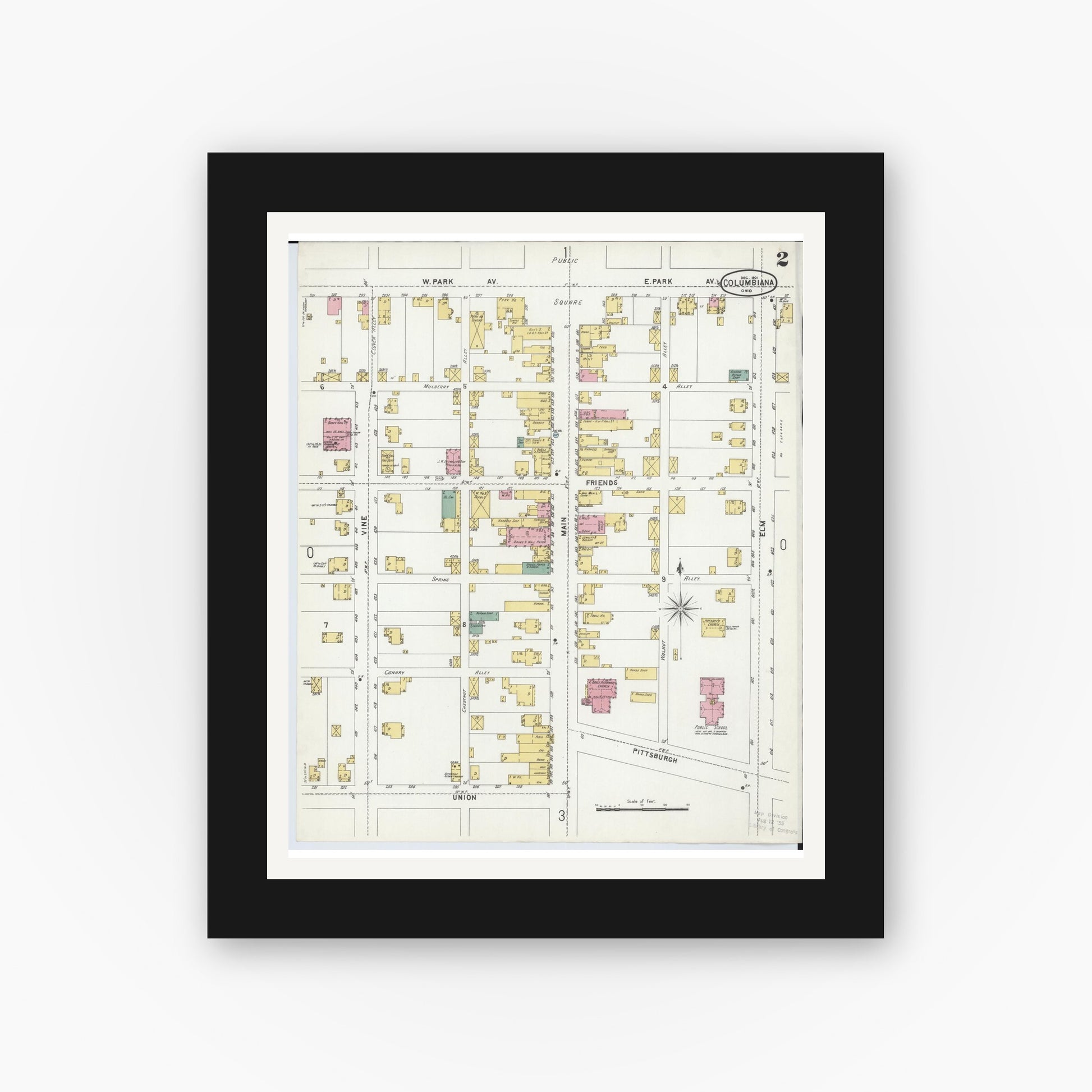 Old map wall art mockup — black gallery frame with white mat — Sanborn Fire Insurance Map from Columbiana, Columbiana County, Ohio (1901), Sheet #0002