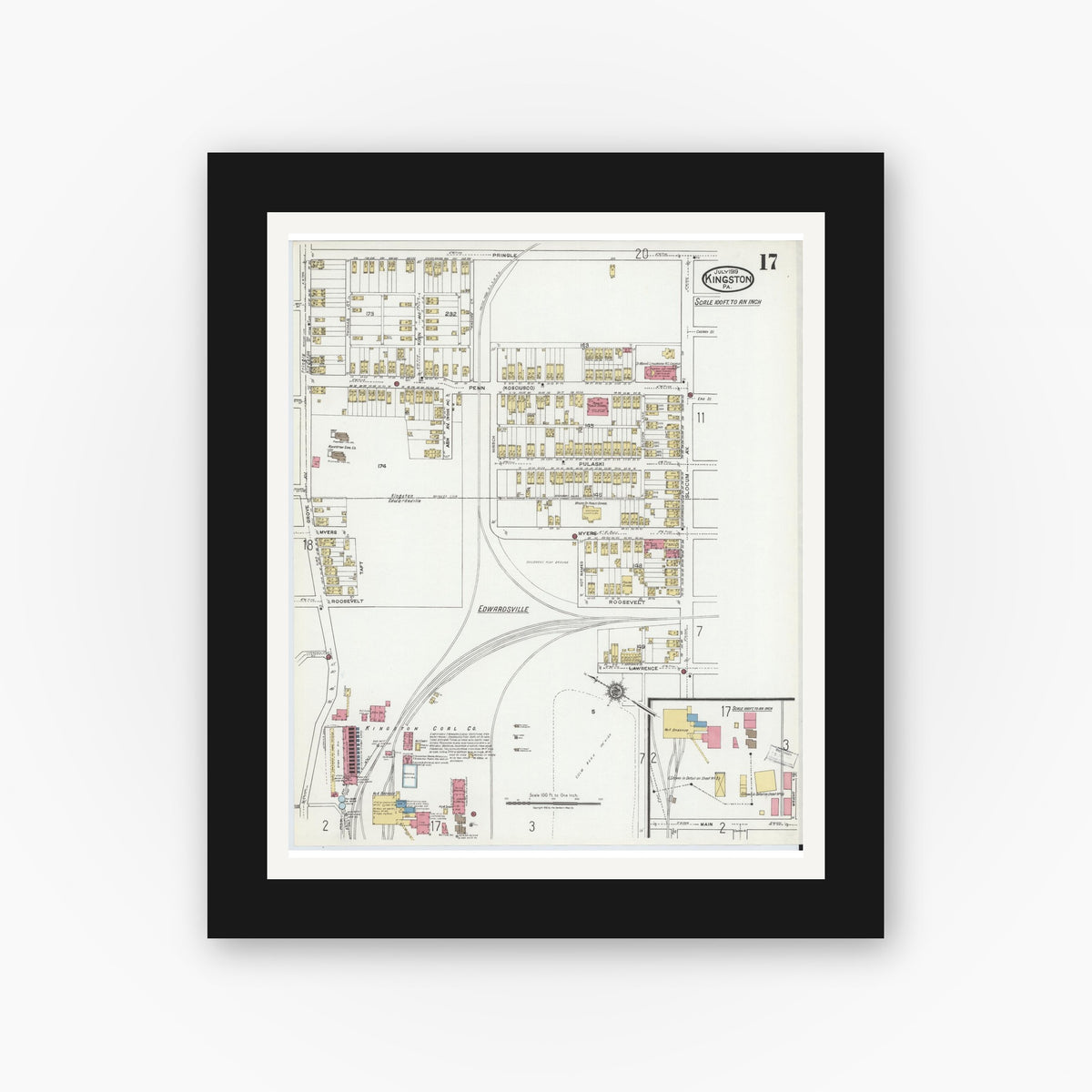Old map wall art mockup — black gallery frame with white mat — Sanborn Fire Insurance Map from Kingston, Luzerne County, Pennsylvania (1919), Sheet #0017