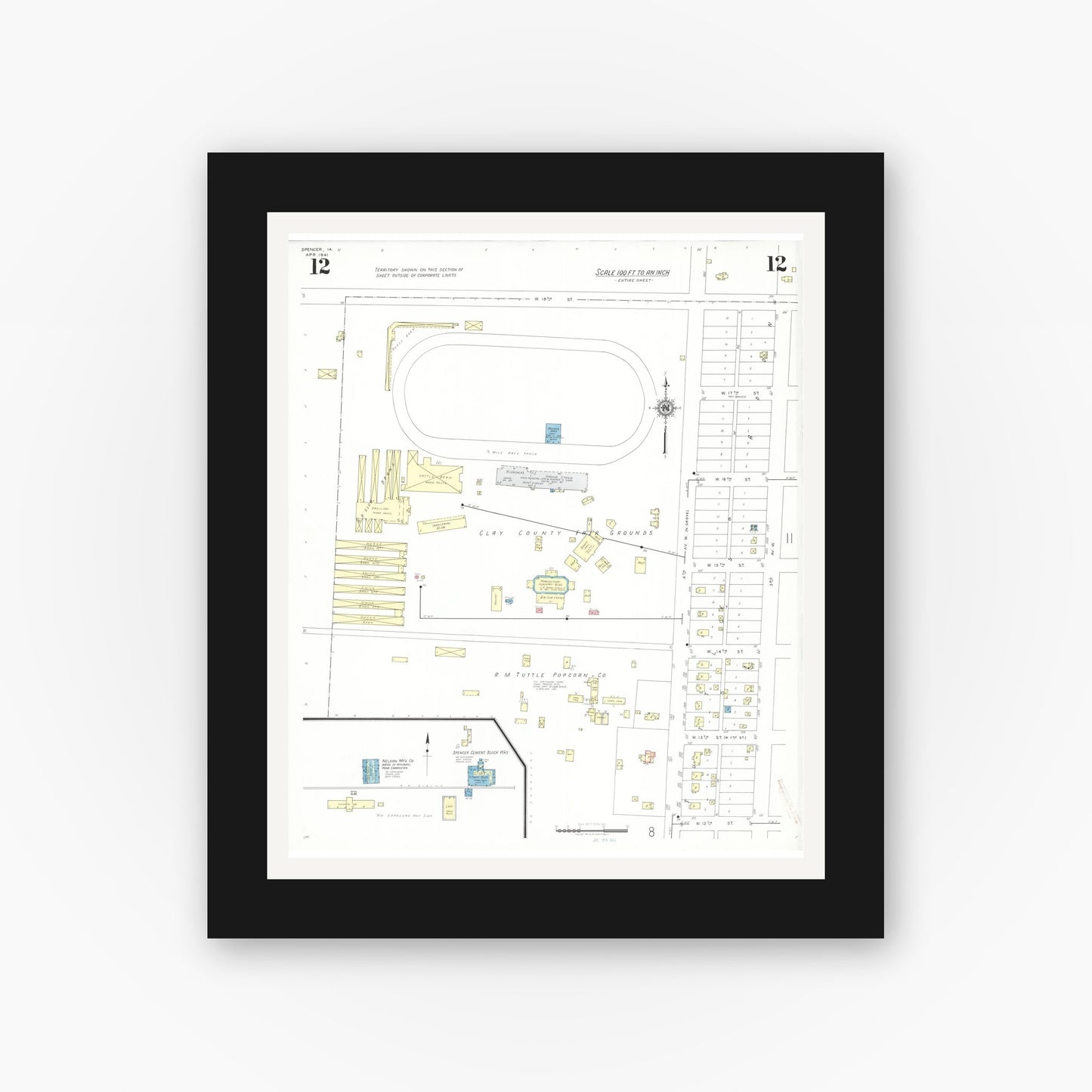 Old map wall art mockup — black gallery frame with white mat — Sanborn Fire Insurance Map from Spencer, Clay County, Iowa (1941), Sheet #0012