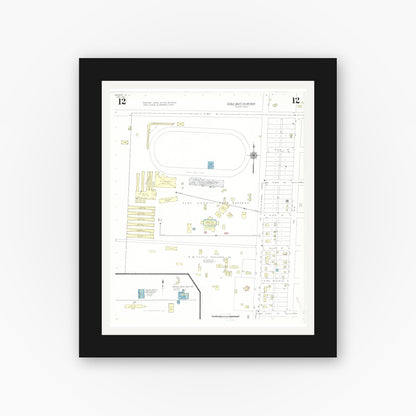 Old map wall art mockup — black gallery frame with white mat — Sanborn Fire Insurance Map from Spencer, Clay County, Iowa (1941), Sheet #0012
