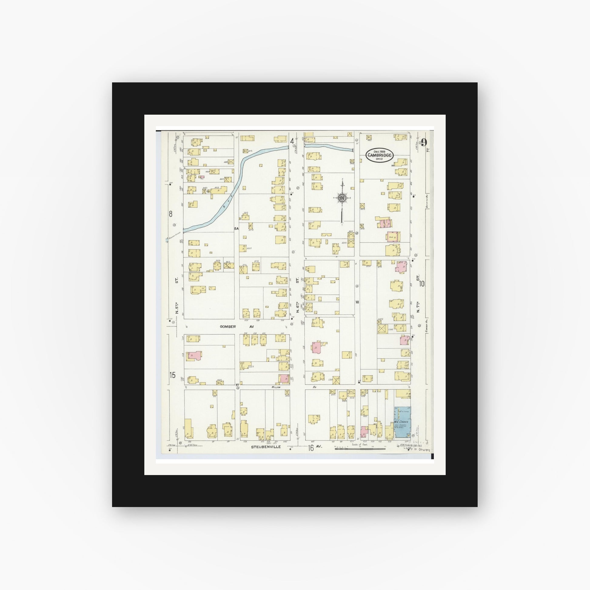 Old map wall art mockup — black gallery frame with white mat — Sanborn Fire Insurance Map from Cambridge, Guernsey County, Ohio (1909), Sheet #0009