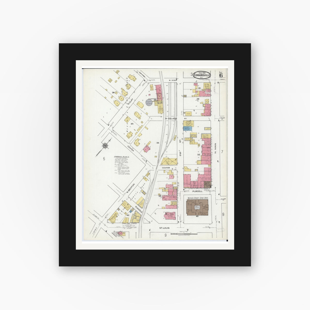 Old map wall art mockup — black gallery frame with white mat — Sanborn Fire Insurance Map from Edwardsville, Madison County, Illinois (1921), Sheet #0006
