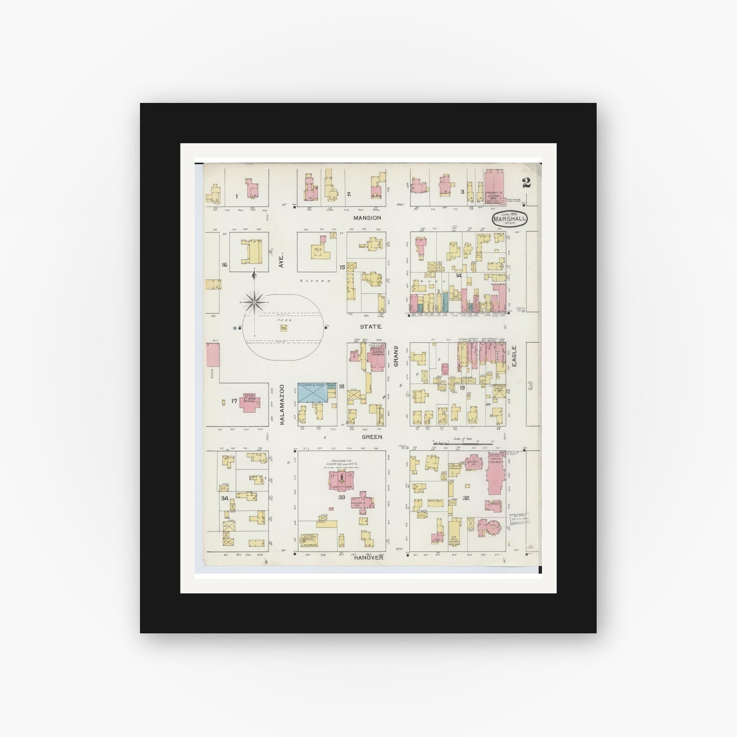 Old map wall art mockup — black gallery frame with white mat — Sanborn Fire Insurance Map from Marshall, Calhoun County, Michigan (1893), Sheet #0002