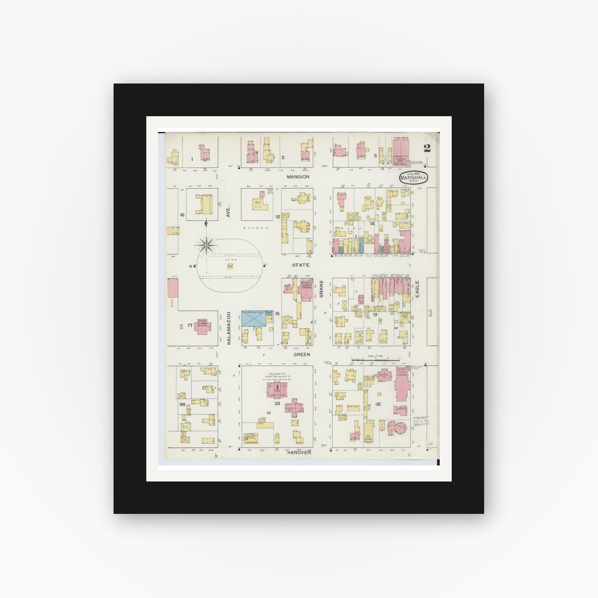 Old map wall art mockup — black gallery frame with white mat — Sanborn Fire Insurance Map from Marshall, Calhoun County, Michigan (1893), Sheet #0002