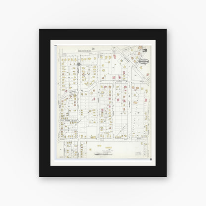 Old map wall art mockup — black gallery frame with white mat — Sanborn Fire Insurance Map from Ann Arbor, Washtenaw County, Michigan (1916), Sheet #0028