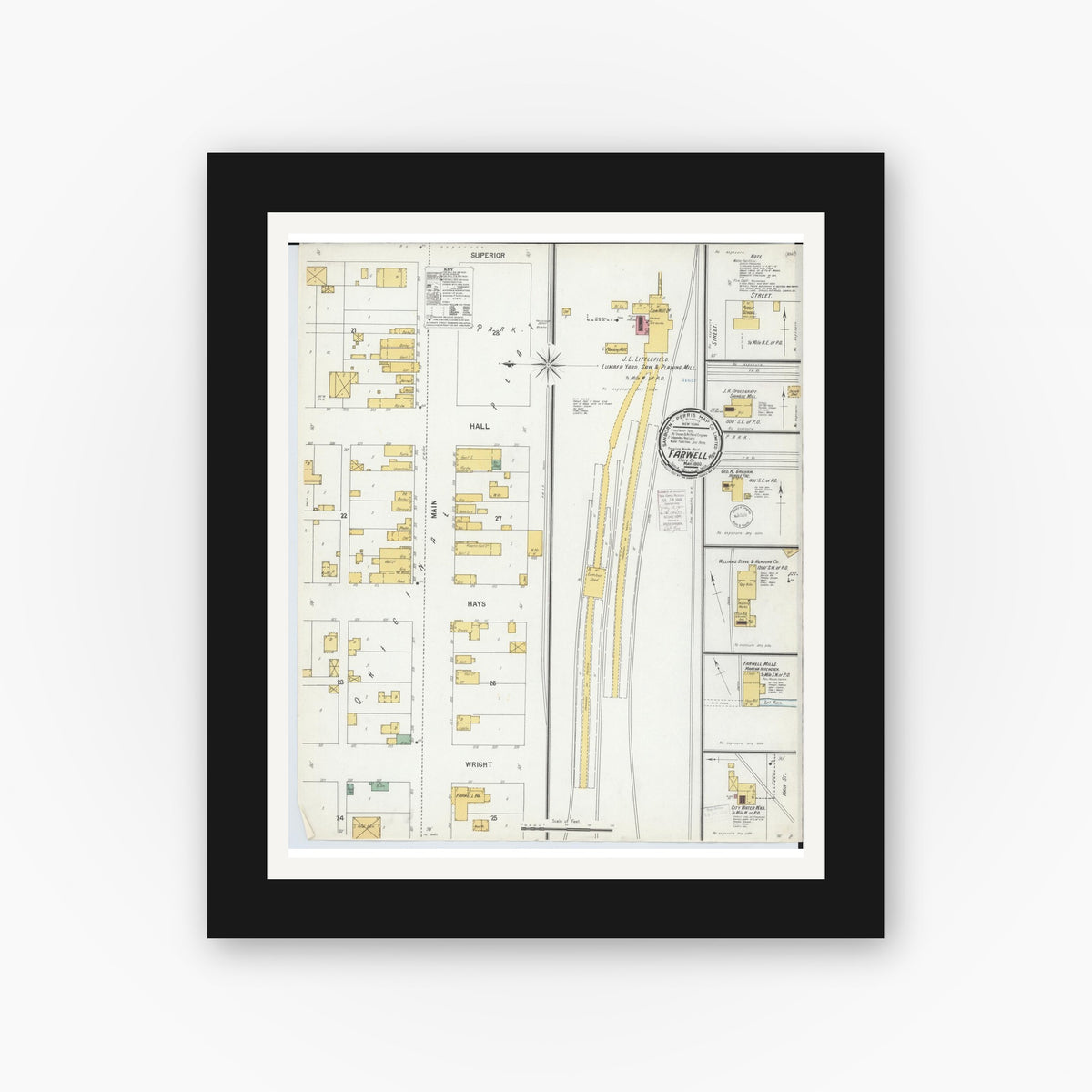 Old map wall art mockup — black gallery frame with white mat — Sanborn Fire Insurance Map from Farwell, Clare County, Michigan (1900), Sheet #0001