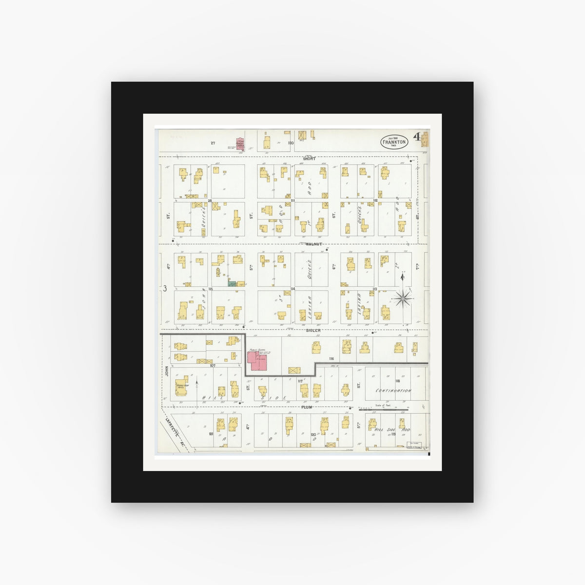 Old map wall art mockup — black gallery frame with white mat — Sanborn Fire Insurance Map from Frankton, Madison County, Indiana (1900), Sheet #0004