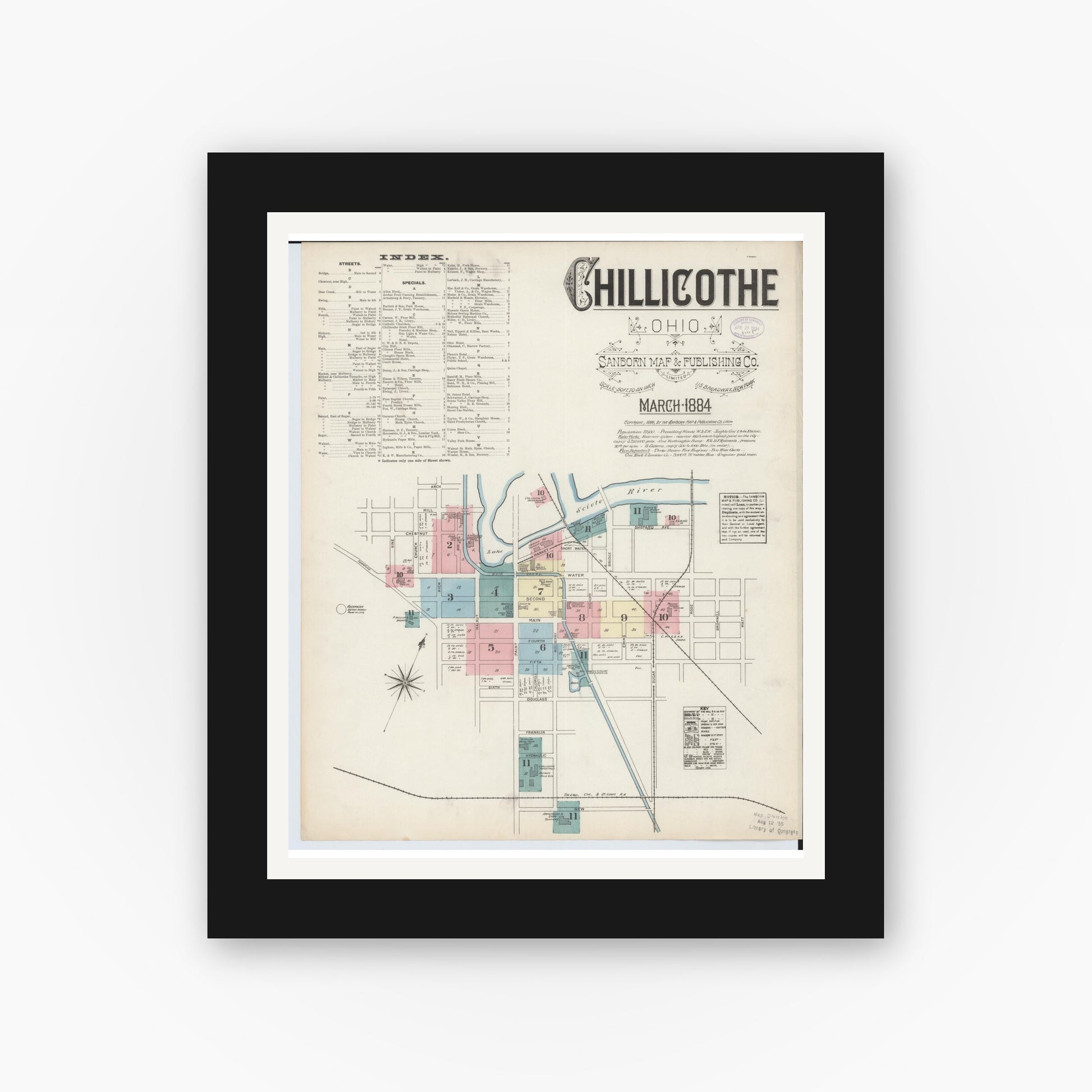 Old map wall art mockup — black gallery frame with white mat — Sanborn Fire Insurance Map from Chillicothe, Ross County, Ohio (1884) - Complete Map Set