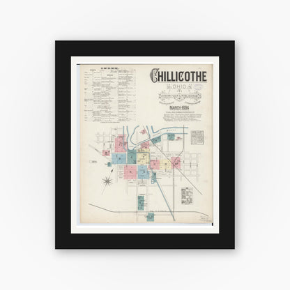 Old map wall art mockup — black gallery frame with white mat — Sanborn Fire Insurance Map from Chillicothe, Ross County, Ohio (1884) - Complete Map Set