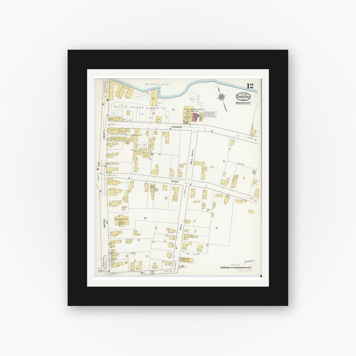 Old map wall art mockup — black gallery frame with white mat — Sanborn Fire Insurance Map from Danvers, Essex County, Massachusetts (1916), Sheet #0012