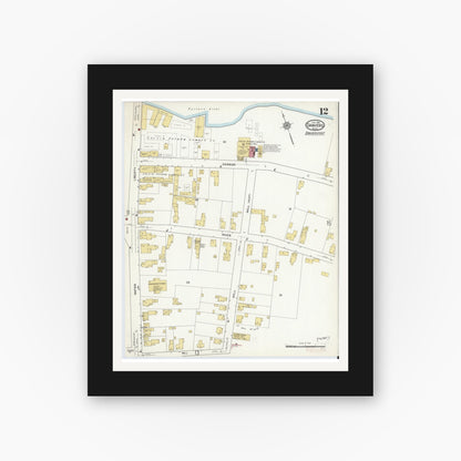 Old map wall art mockup — black gallery frame with white mat — Sanborn Fire Insurance Map from Danvers, Essex County, Massachusetts (1916), Sheet #0012