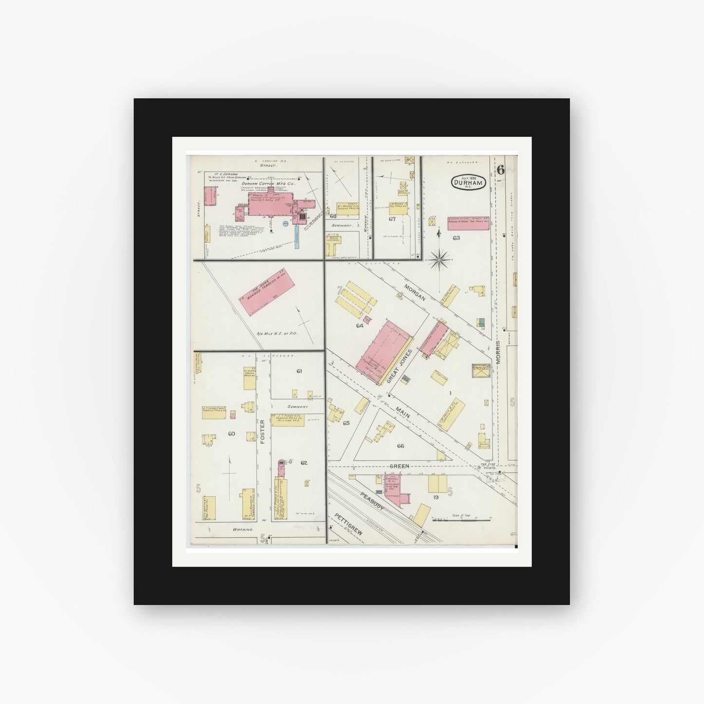 Old map wall art mockup — black gallery frame with white mat — Sanborn Fire Insurance Map from Durham, Durham County, North Carolina (1893), Sheet #0006