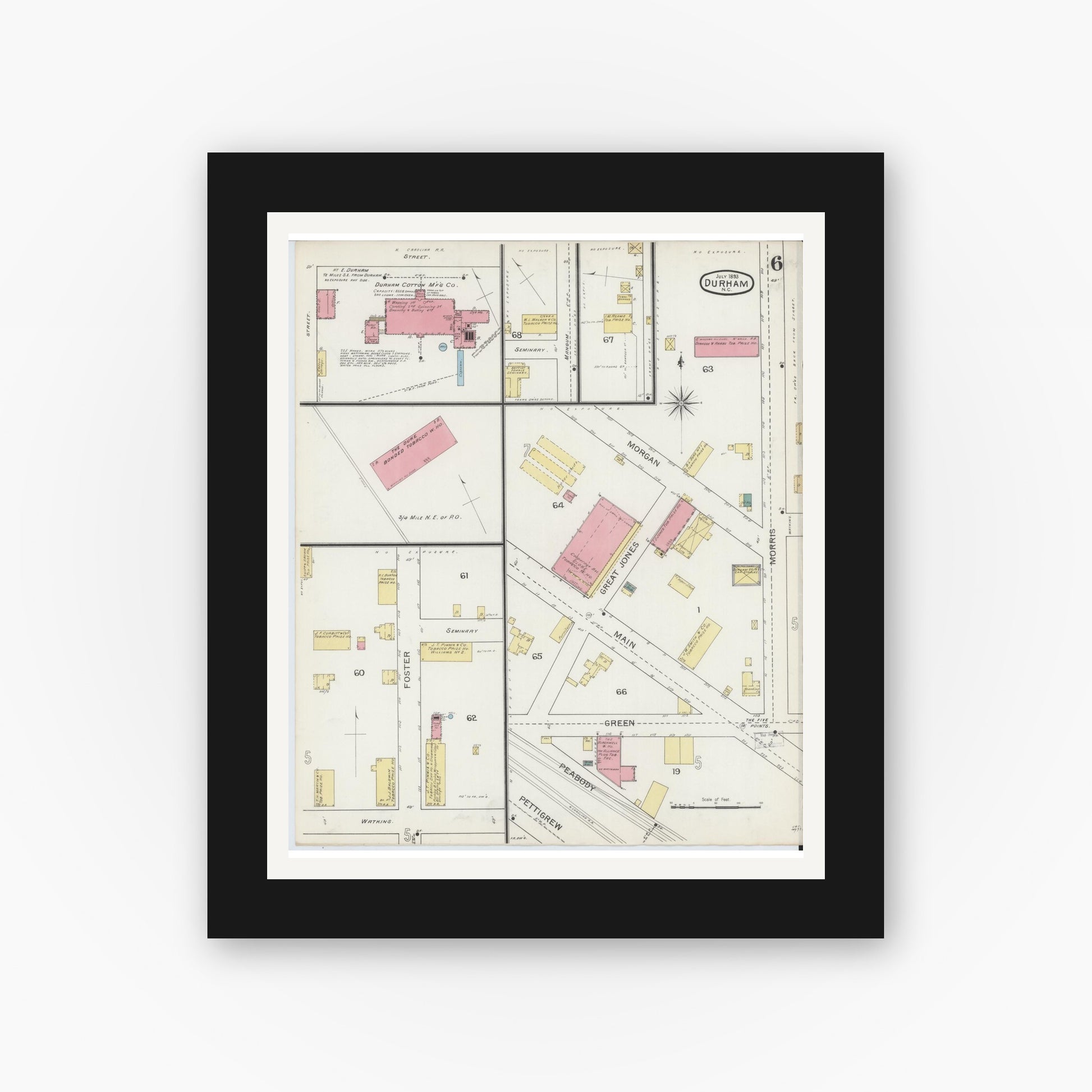 Old map wall art mockup — black gallery frame with white mat — Sanborn Fire Insurance Map from Durham, Durham County, North Carolina (1893), Sheet #0006