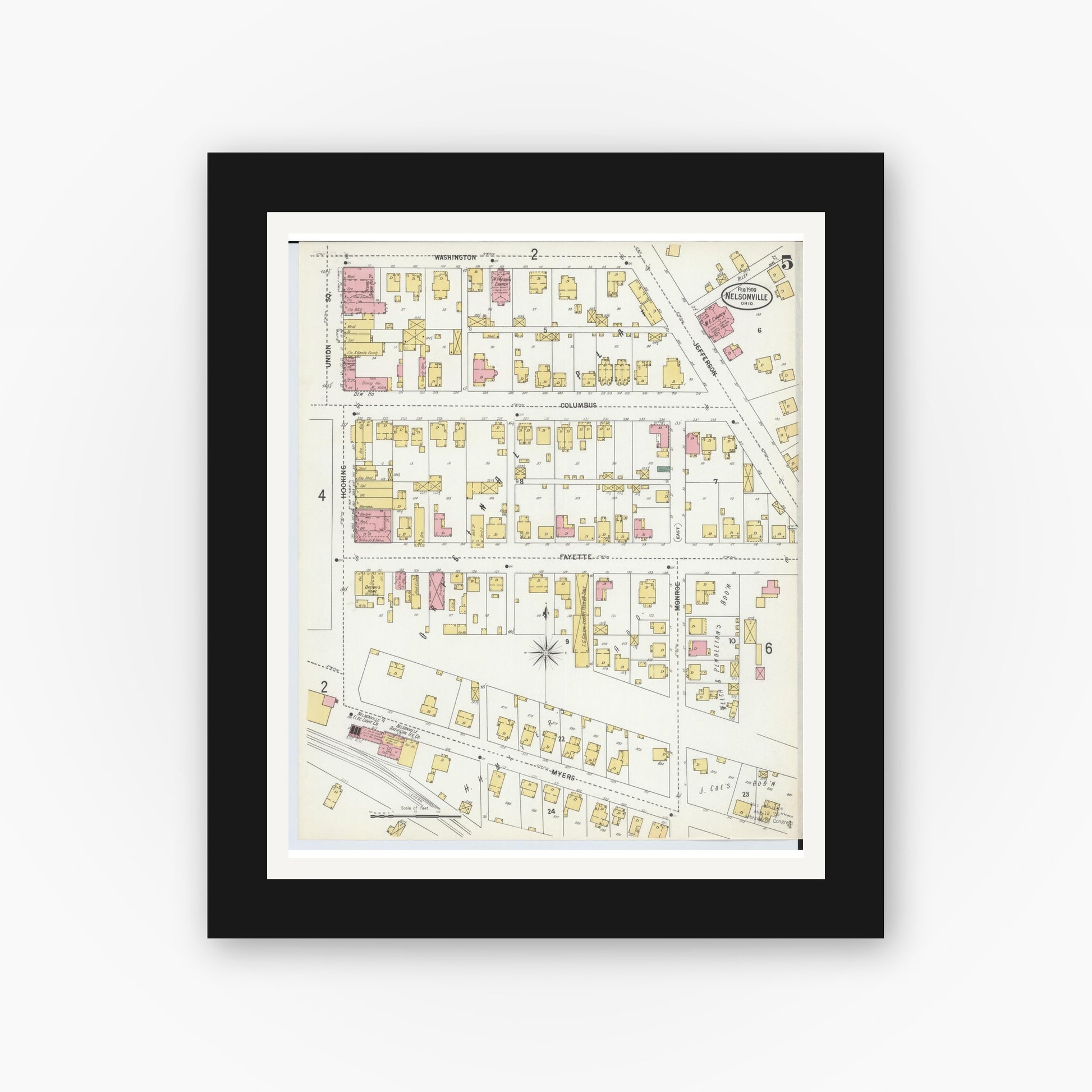 Old map wall art mockup — black gallery frame with white mat — Sanborn Fire Insurance Map from Nelsonville, Athens County, Ohio (1900), Sheet #0005