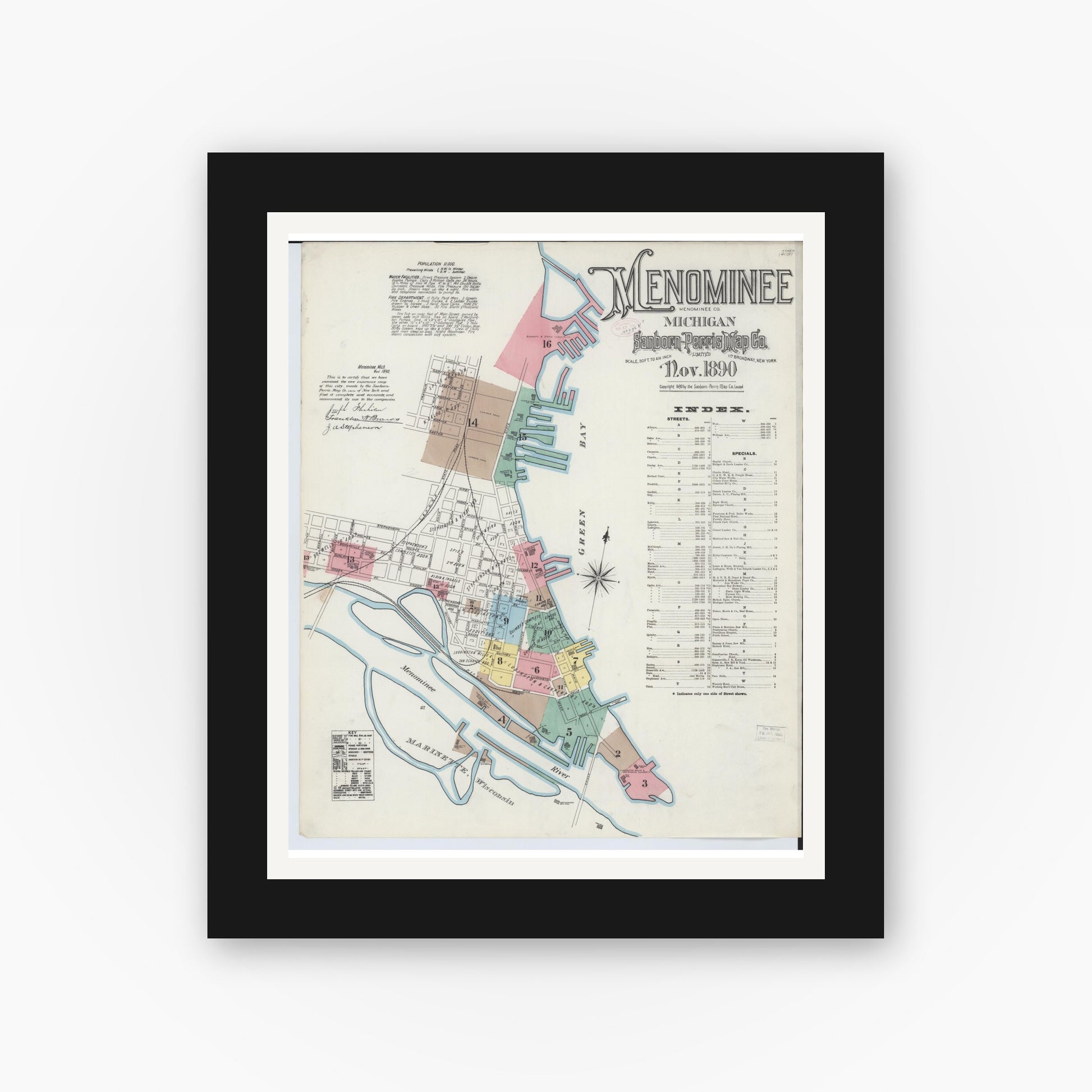 Old map wall art mockup — black gallery frame with white mat — Sanborn Fire Insurance Map from Menominee, Menominee County, Michigan (1890), Sheet #0001