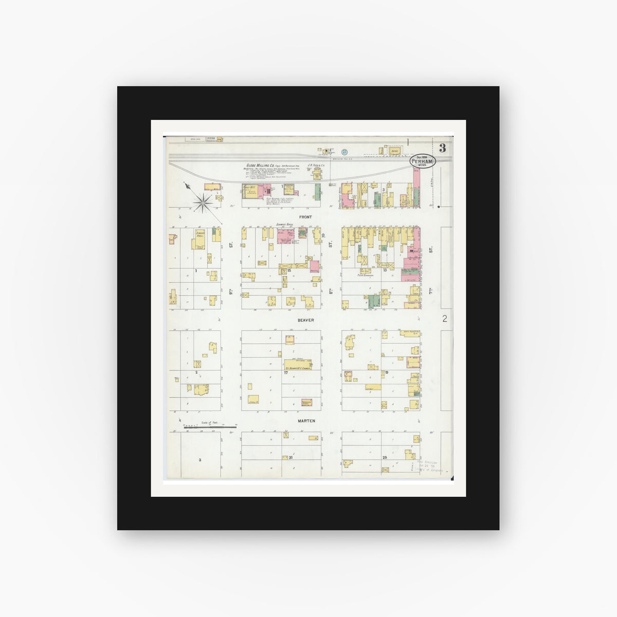Old map wall art mockup — black gallery frame with white mat — Sanborn Fire Insurance Map from Perham, Otter Tail County, Minnesota (1899), Sheet #0003