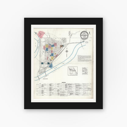 Old map wall art mockup — black gallery frame with white mat — Sanborn Fire Insurance Map from North Kansas City, Clay County, Missouri (1926), Sheet #0001