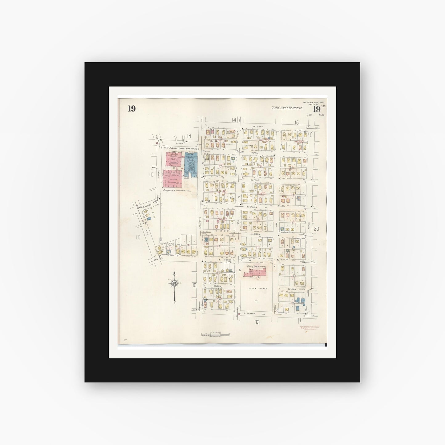 Old map wall art mockup — black gallery frame with white mat — Sanborn Fire Insurance Map from Michigan City, La Porte County, Indiana (1948), Sheet #0019