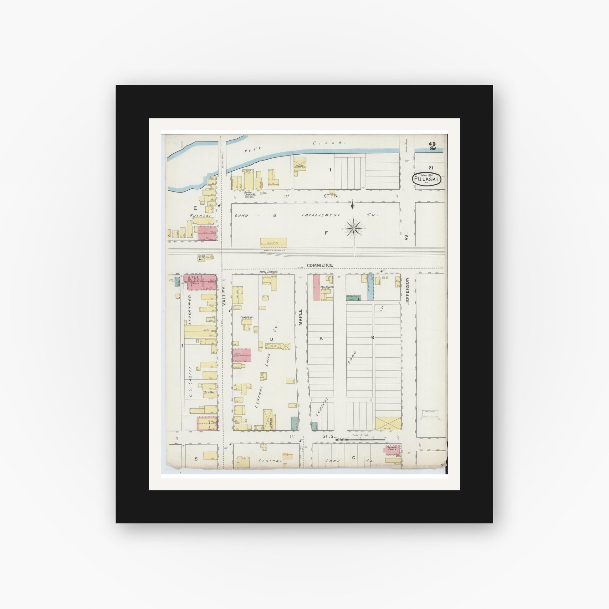 Old map wall art mockup — black gallery frame with white mat — Sanborn Fire Insurance Map from Pulaski, Pulaski County, Virginia (1894), Sheet #0002