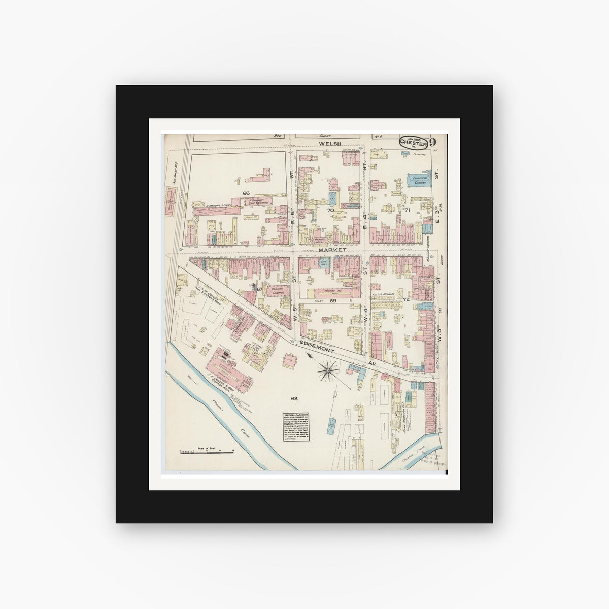Old map wall art mockup — black gallery frame with white mat — Sanborn Fire Insurance Map from Chester, Delaware County, Pennsylvania (1885), Sheet #0009