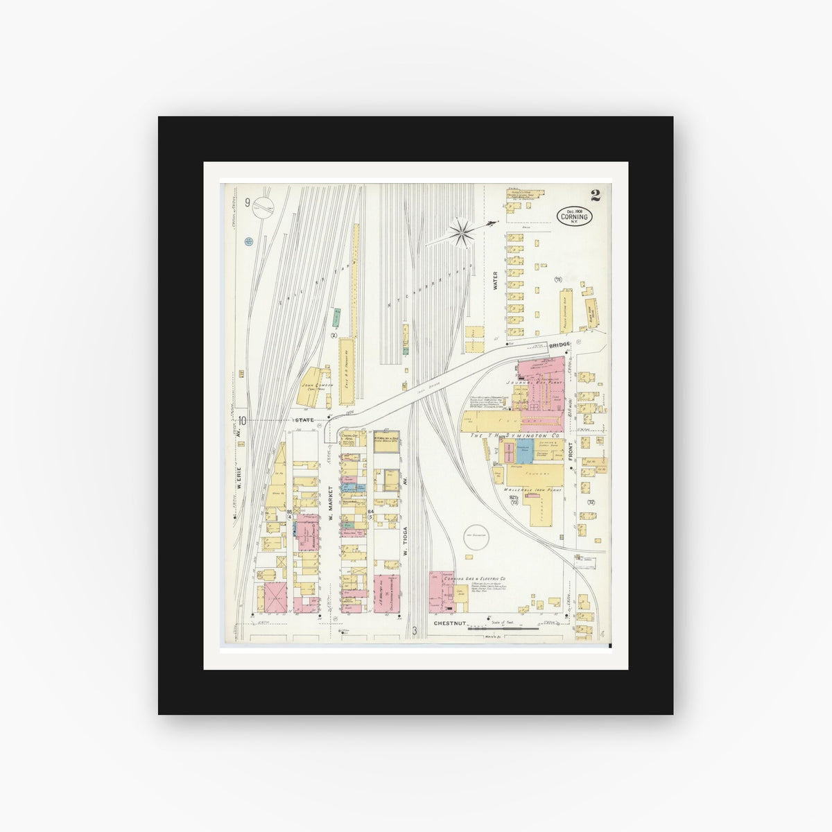 Old map wall art mockup — black gallery frame with white mat — Sanborn Fire Insurance Map from Corning, Steuben County, New York (1908) - Complete Map Set