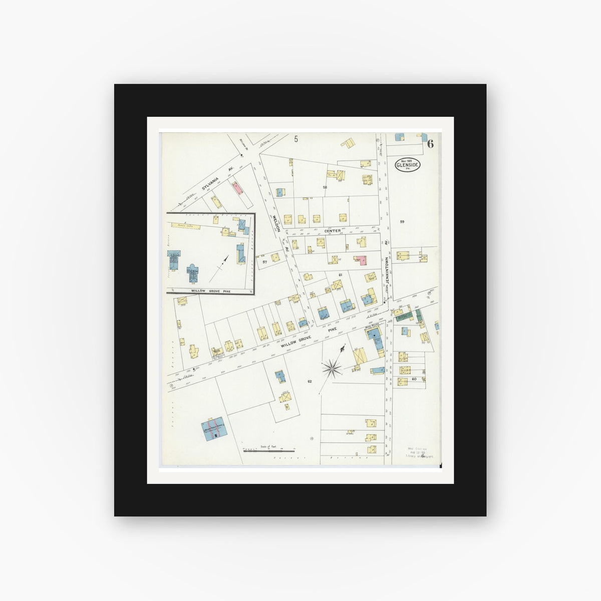 Old map wall art mockup — black gallery frame with white mat — Sanborn Fire Insurance Map from Glenside, Montgomery County, Pennsylvania (1909), Sheet #0006