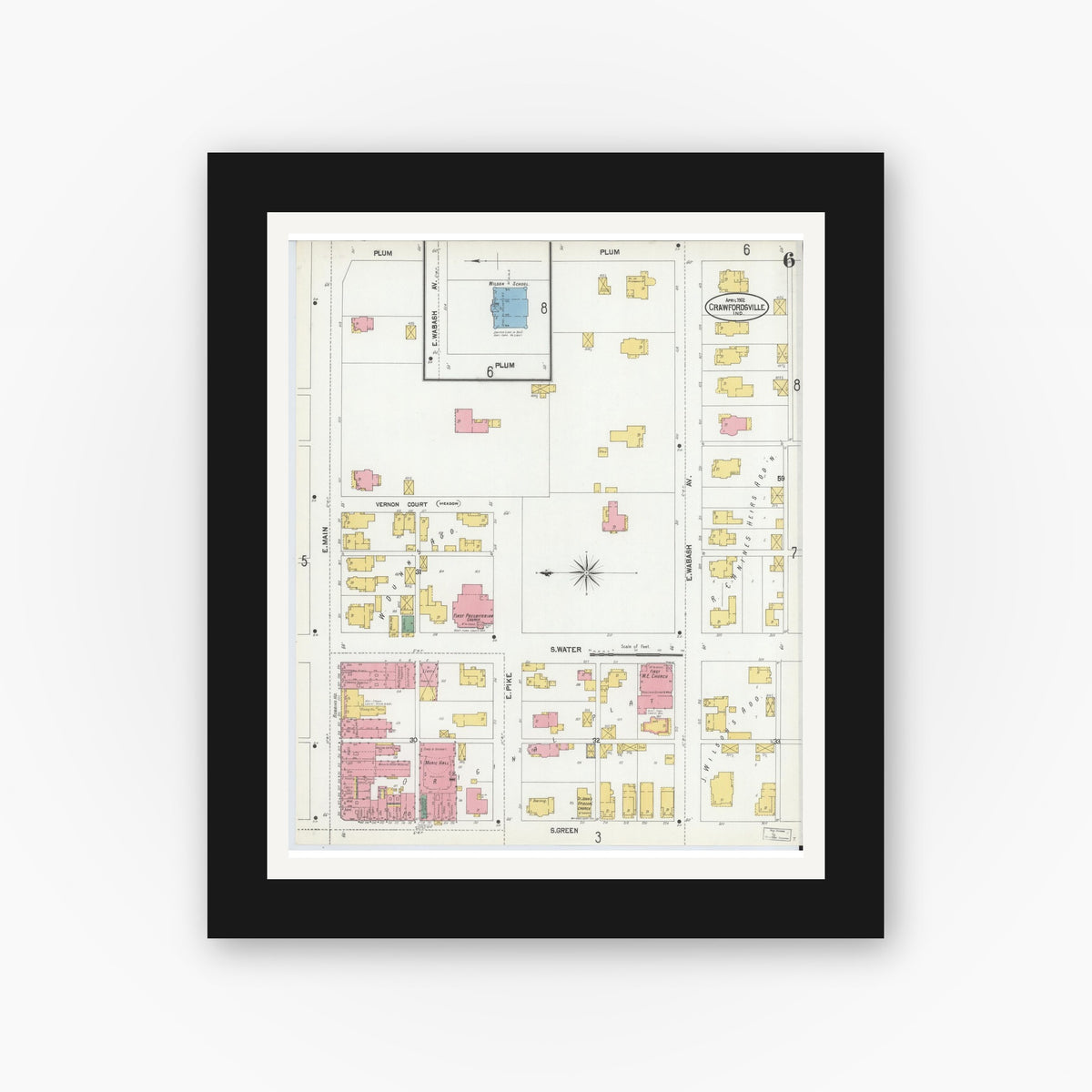 Old map wall art mockup — black gallery frame with white mat — Sanborn Fire Insurance Map from Crawfordsville, Montgomery County, Indiana (1902), Sheet #0006