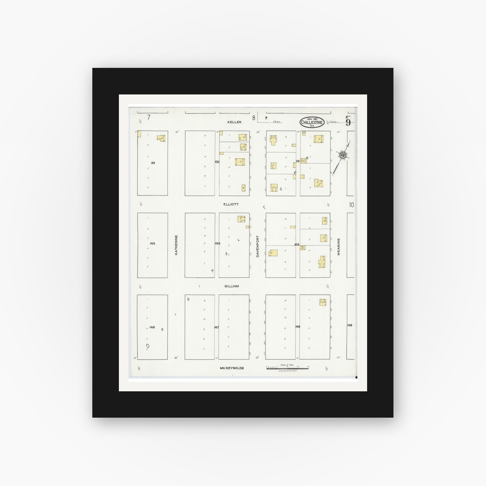 Old map wall art mockup — black gallery frame with white mat — Sanborn Fire Insurance Map from Chillicothe, Hardeman County, Texas (1921), Sheet #0009