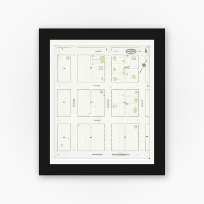 Old map wall art mockup — black gallery frame with white mat — Sanborn Fire Insurance Map from Chillicothe, Hardeman County, Texas (1921), Sheet #0009