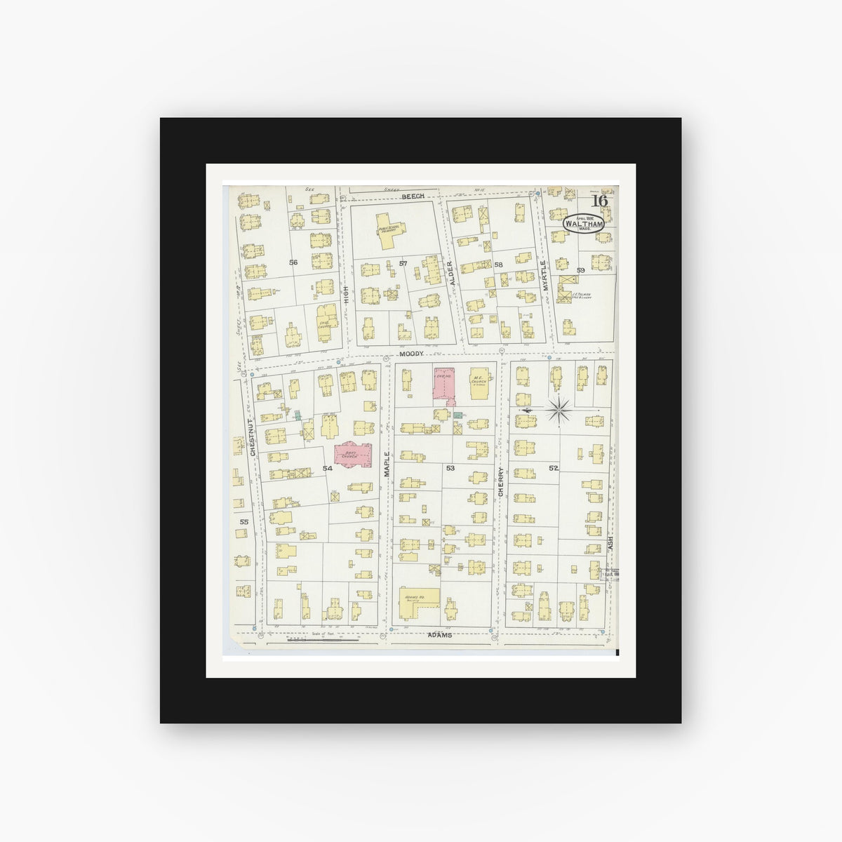 Old map wall art mockup — black gallery frame with white mat — Sanborn Fire Insurance Map from Waltham, Middlesex County, Massachusetts (1892), Sheet #0016