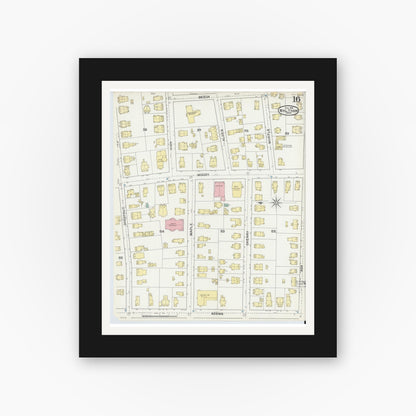 Old map wall art mockup — black gallery frame with white mat — Sanborn Fire Insurance Map from Waltham, Middlesex County, Massachusetts (1892), Sheet #0016